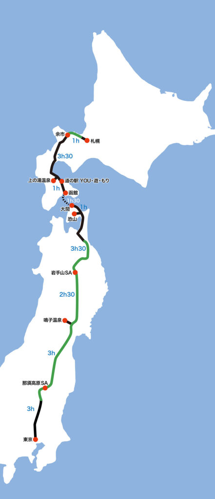 東京から北海道への車中泊マップ